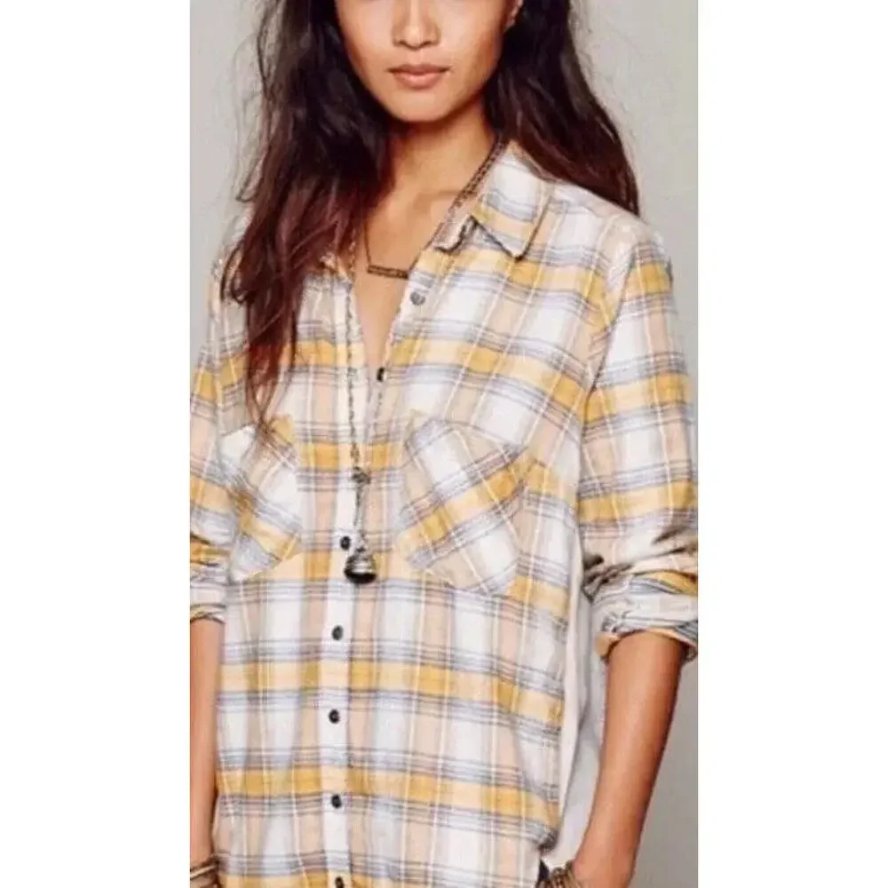 Free People Little Bit of Sugar Shirt Womens S Plaid Flannel Sequin Mesh Panel